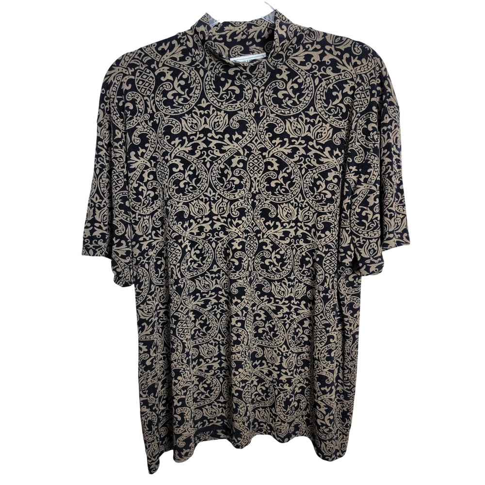 Frazier Lawrence Vintage 3X Top Black Tan Paisley Mock Neck Short Sleeve